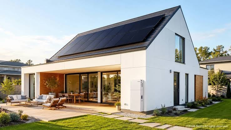 A modern home with Qcells panels on the roof and a battery on the wall